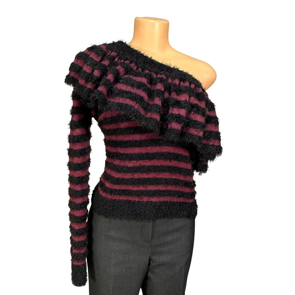 WAYF One‎ Shoulder Striped Fuzzy Ruffle Sweater Top Black Burgundy S